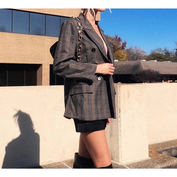 NEW BY TOGETHER prince of wales double-breasted blazer in brown - Picture 4 of 4